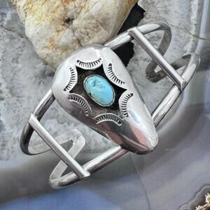 Vintage Native American Silver Oval Turquoise Shadow Box Split Shank Bracelet